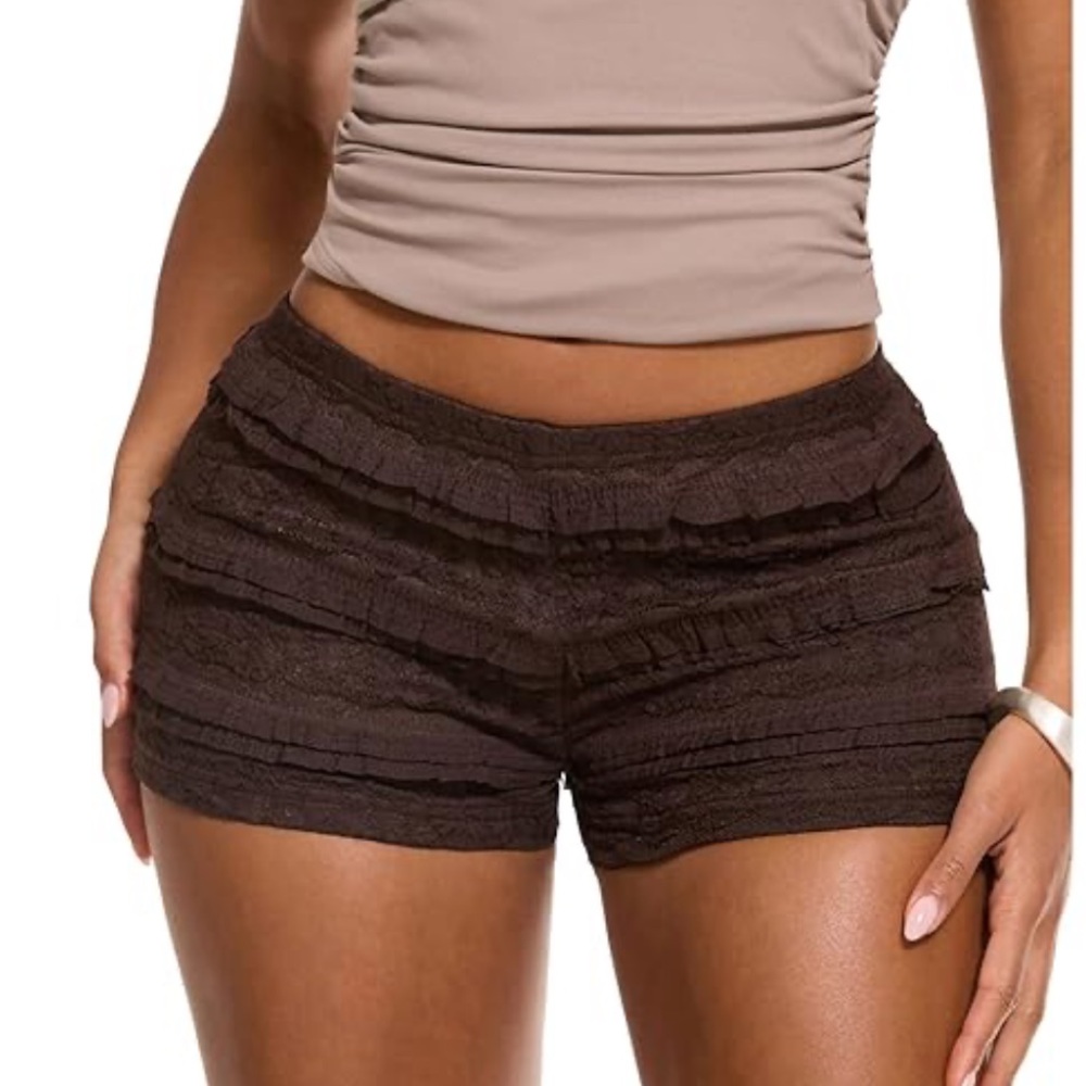 Tiered Lace Mini Shorts with Ruffle Details Brown